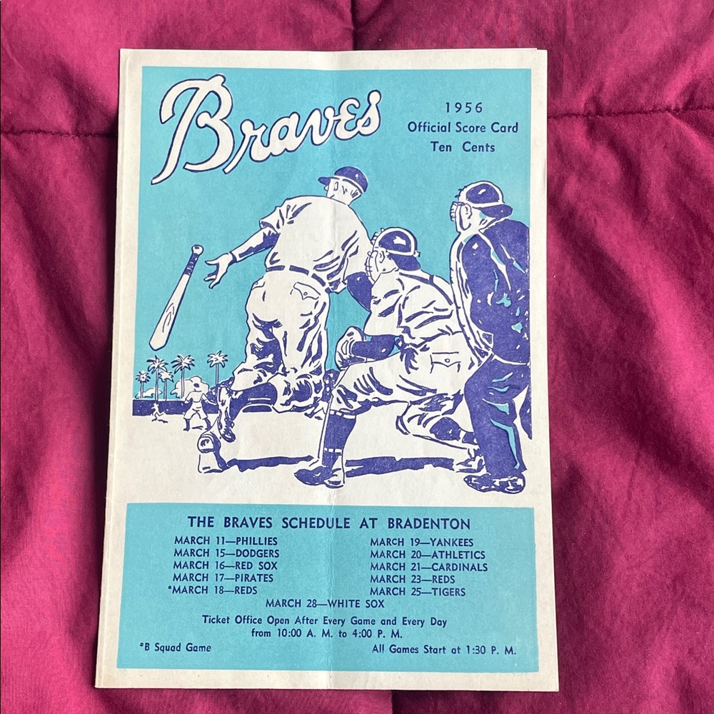 1956 Braves Official Score Card Spring Training Braves vs. Reds